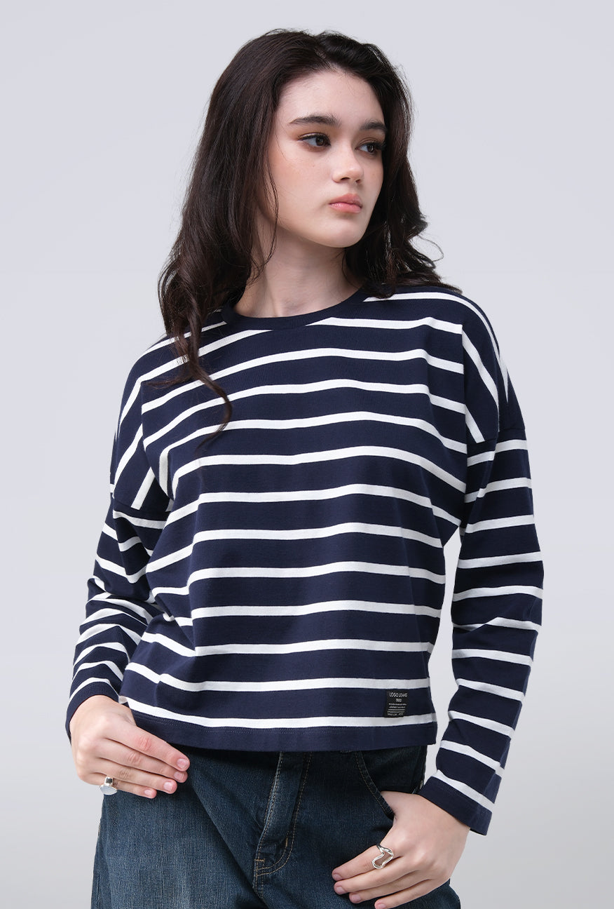 T-Shirt Lengan Panjang Grecila Navy White Stripe
