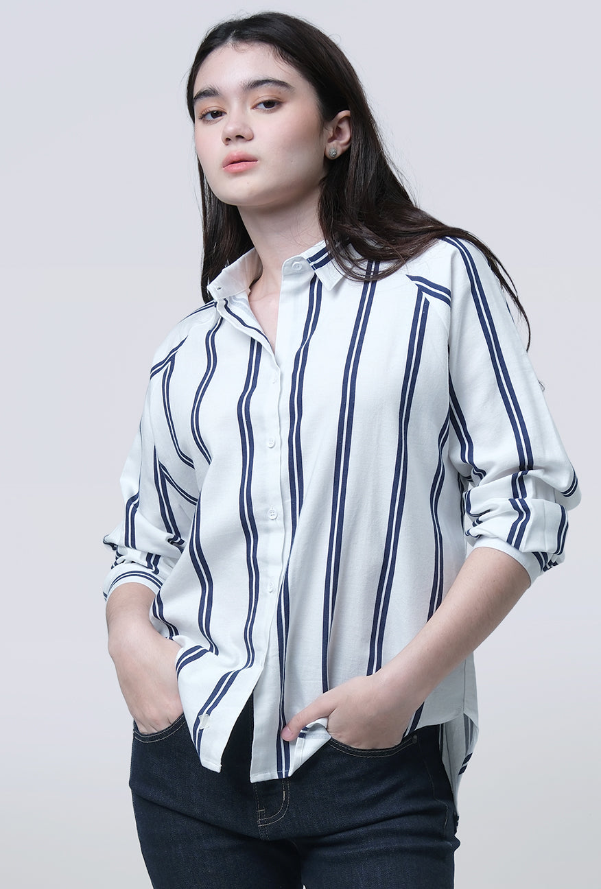 Kemeja Lengan Panjang Lacey White Navy
