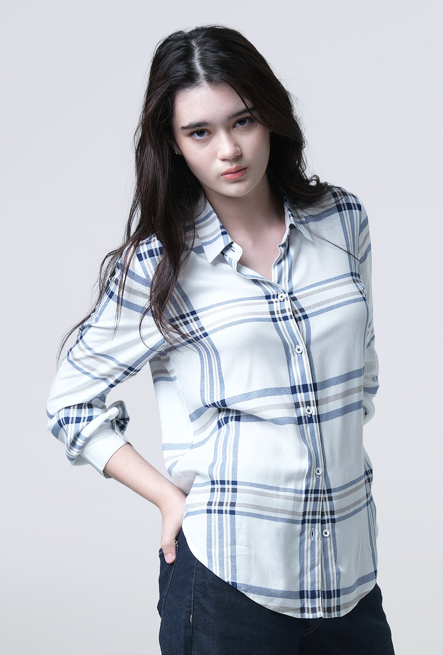 Kemeja Lengan Panjang Mara White Blue