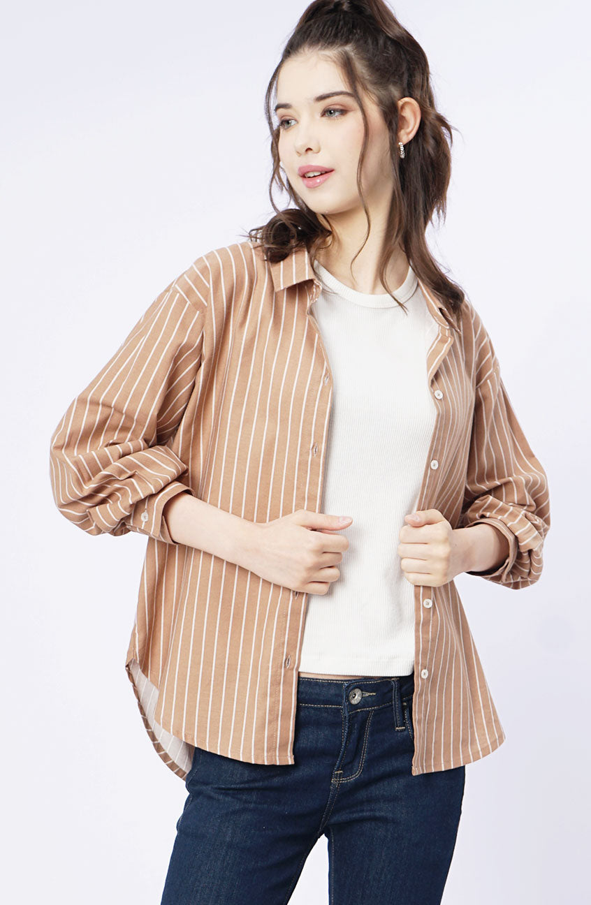 Kemeja Lengan Panjang Arcilla Brown White