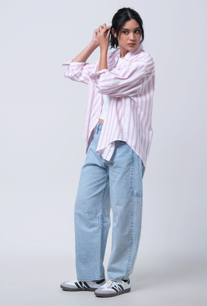 Kemeja Lengan Panjang Lenka Pink White
