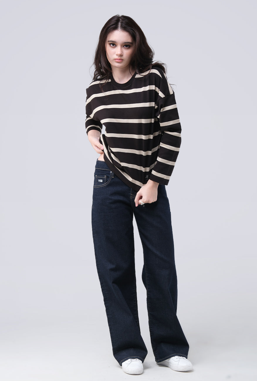 T-Shirt Lengan Panjang Zeva Black Beige Stripe