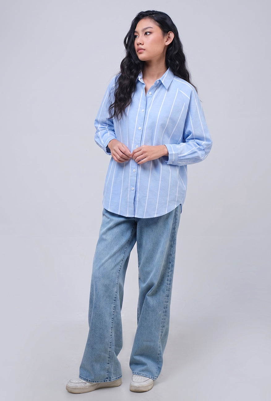 Kemeja Lengan Panjang Lycka Blue White