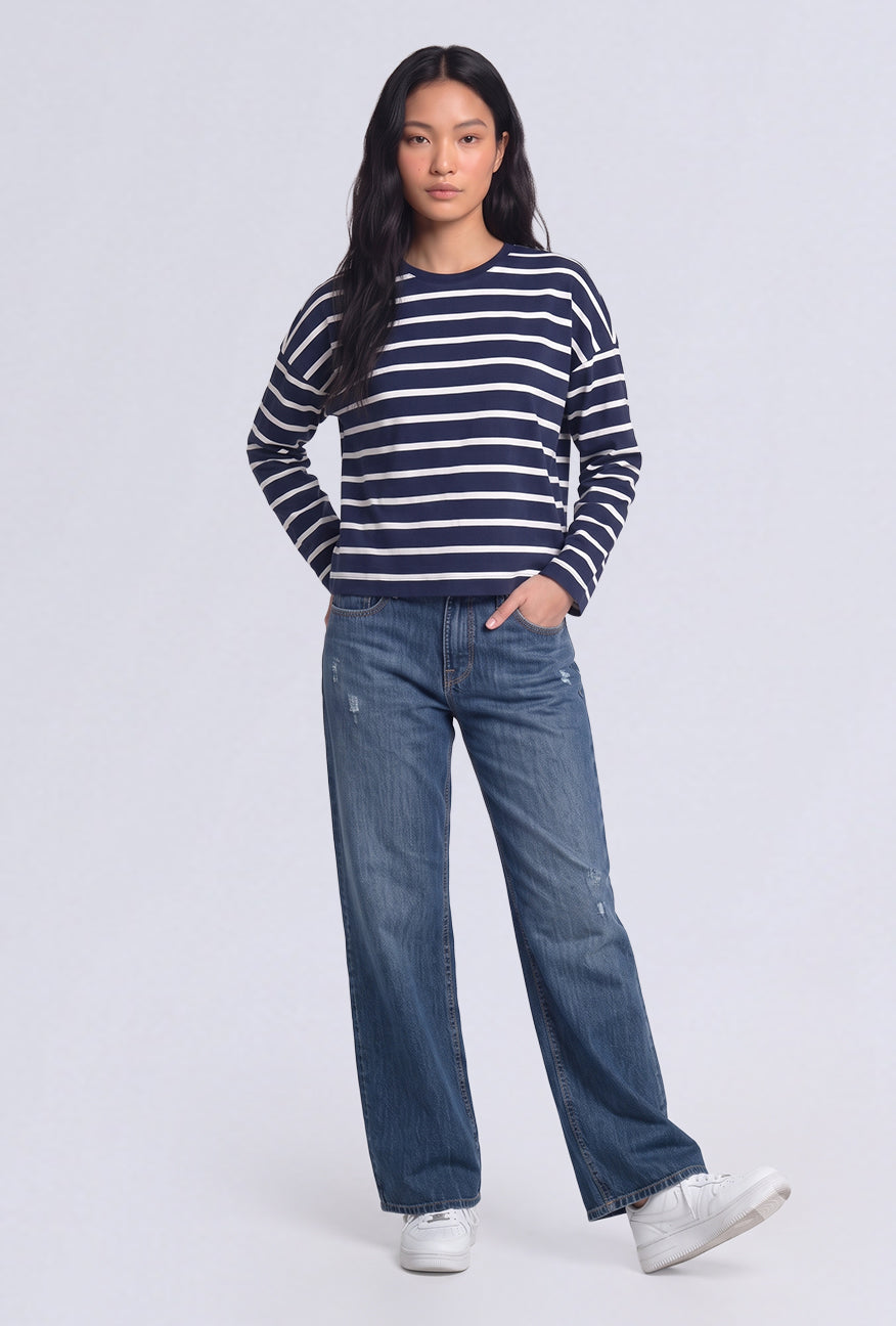 T-Shirt Lengan Panjang Grecila Navy White Stripe