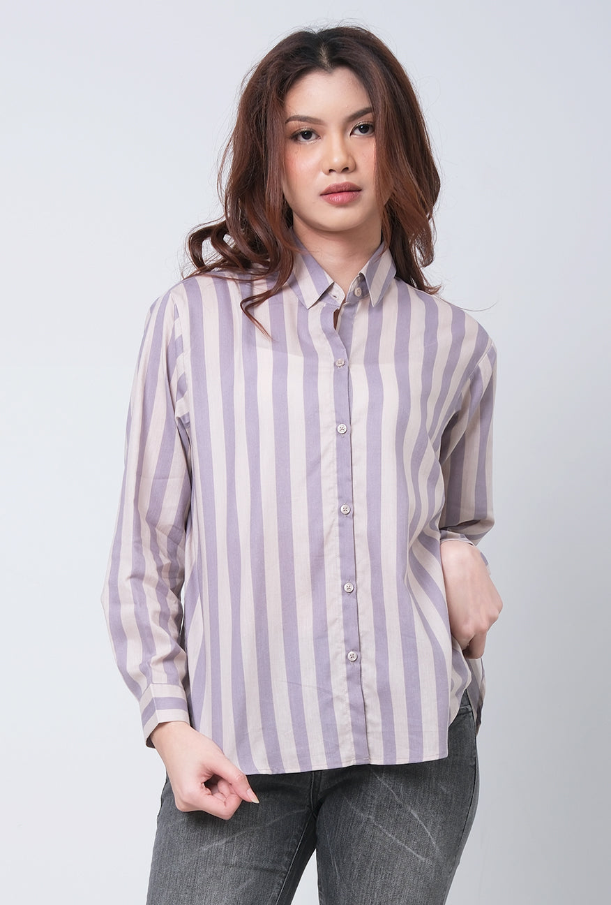 Kemeja Lengan Panjang Clover Grey Cream