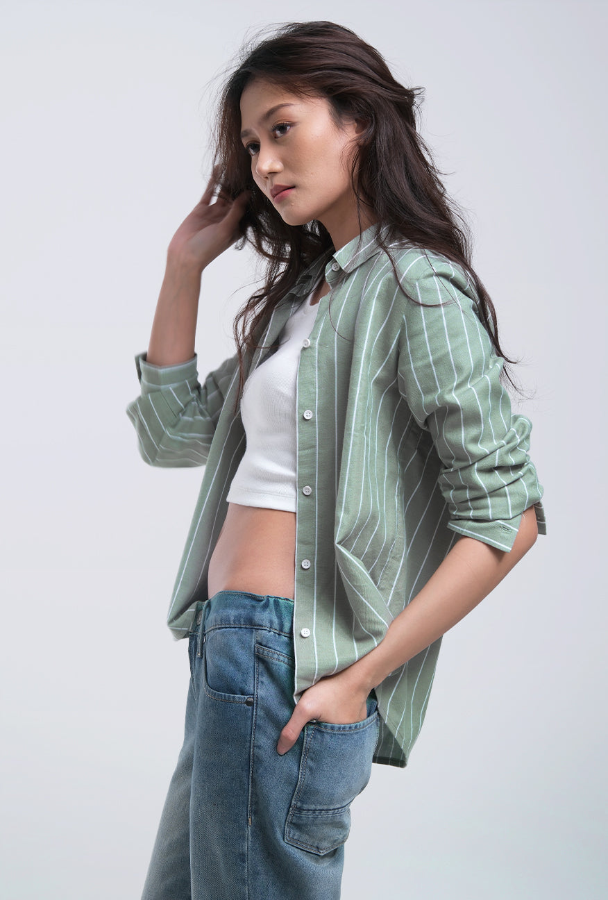 Kemeja Lengan Panjang Valja Green Offwhite