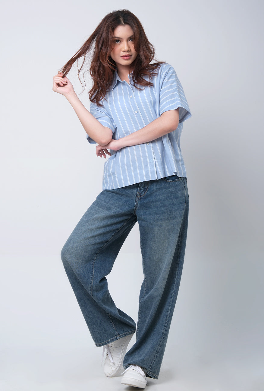 Kemeja Lengan Pendek Kyra Blue White
