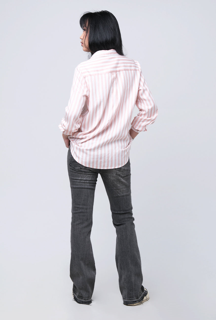 Kemeja Lengan Panjang Flory Pink Offwhite