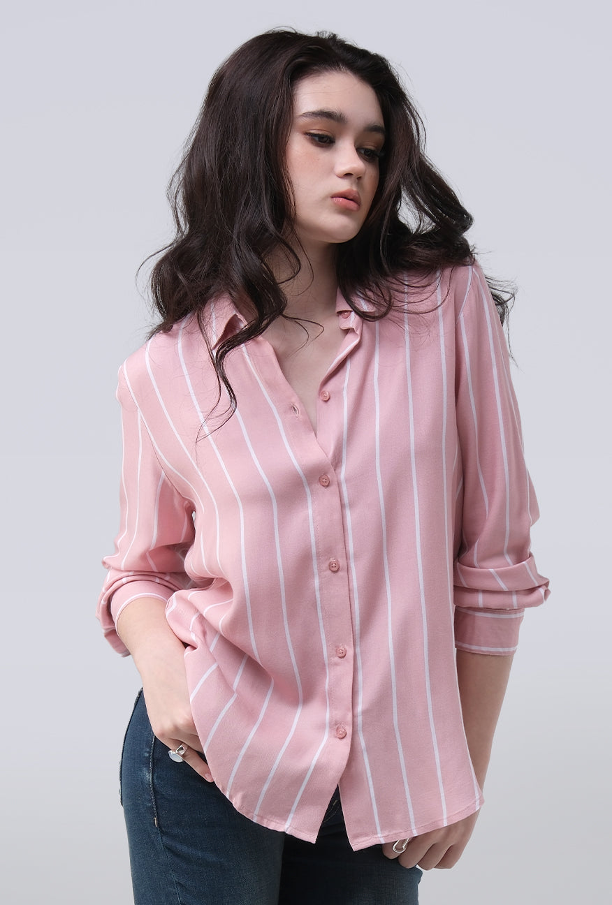 Kemeja Lengan Panjang Tracey Pink White