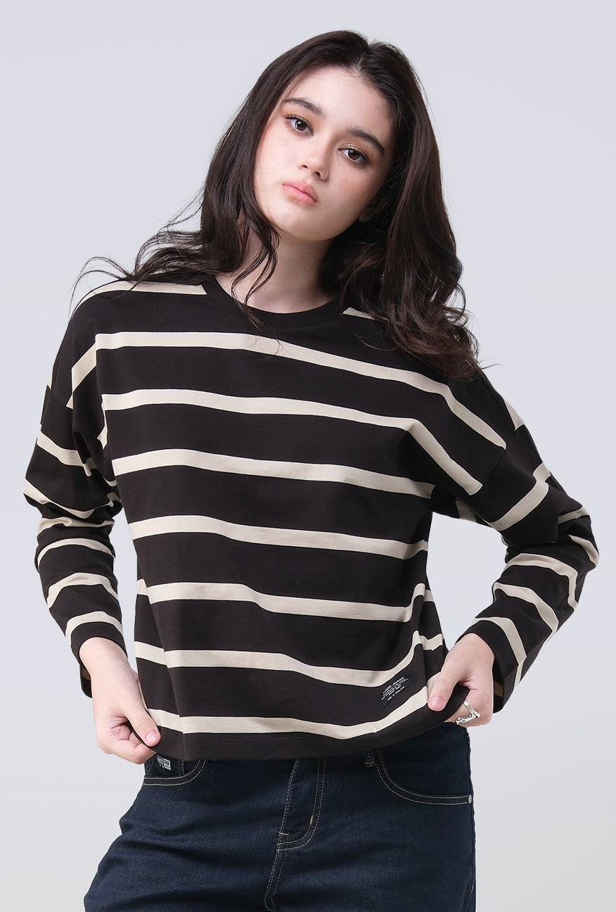 T-Shirt Lengan Panjang Zeva Black Beige Stripe