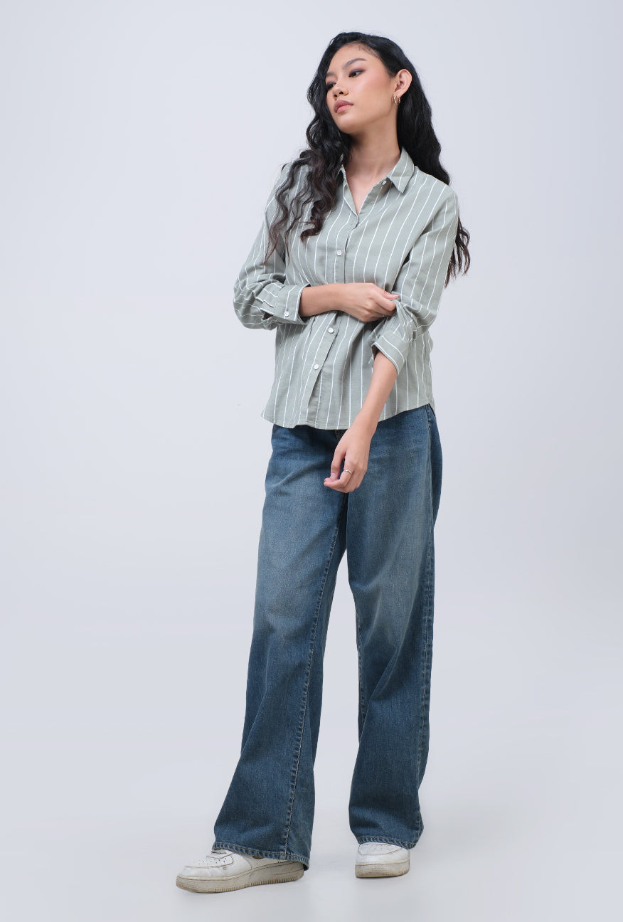 Kemeja Lengan Panjang Valja Green Offwhite