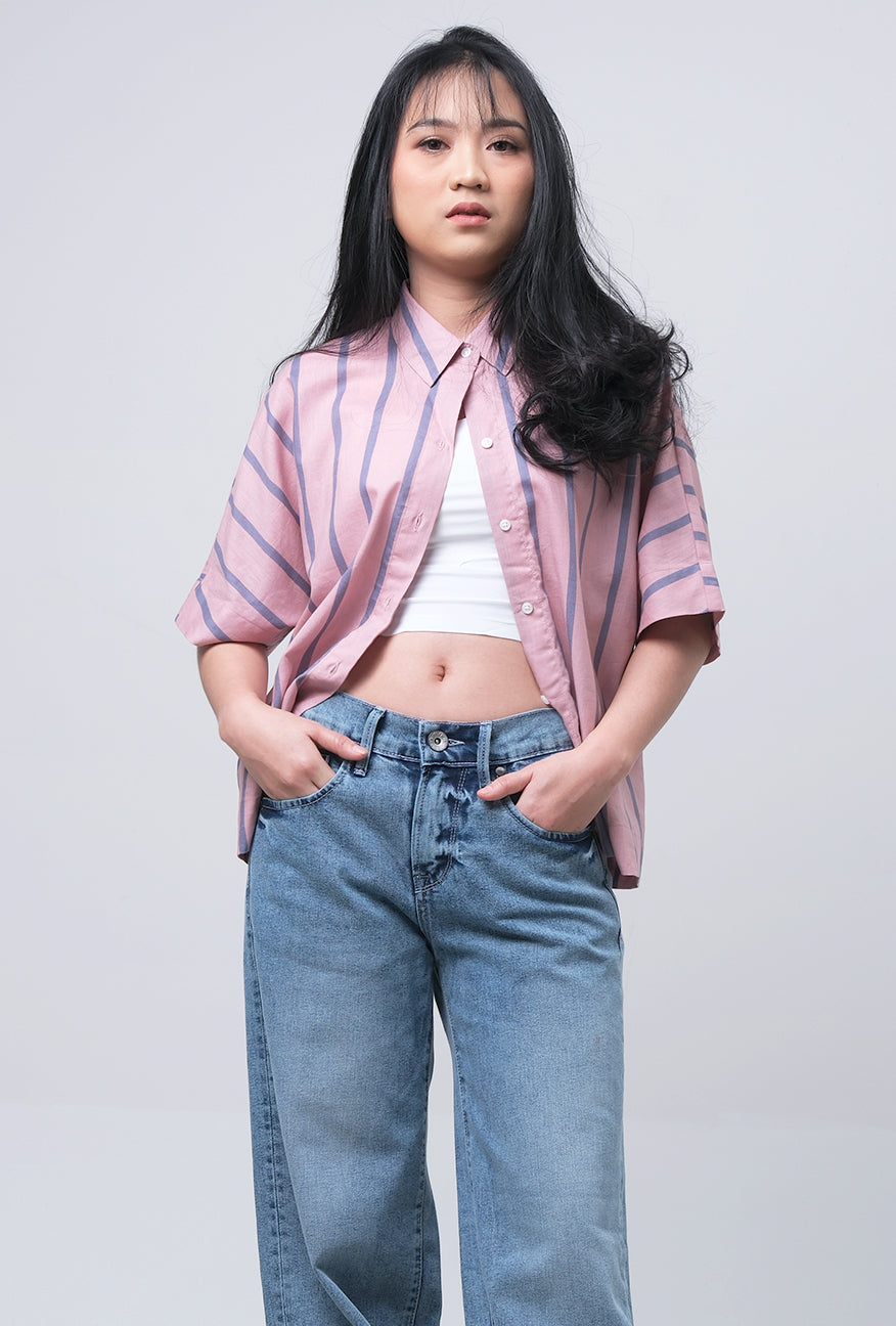 Kemeja Lengan Pendek Leia Pink Grey