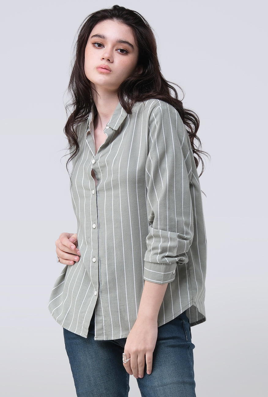 Kemeja Lengan Panjang Valja Green Offwhite