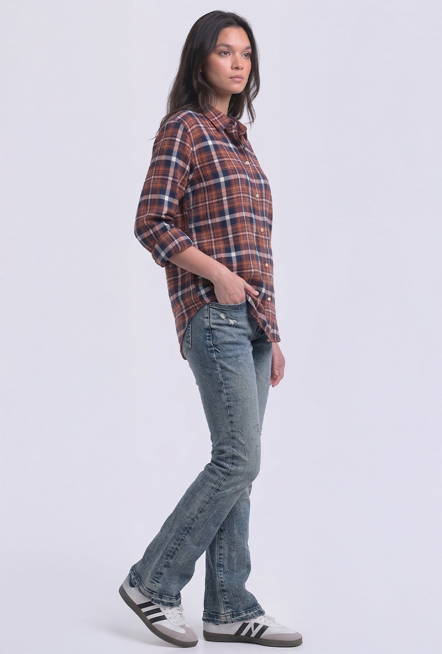 Kemeja Flanel Selly Orange Navy