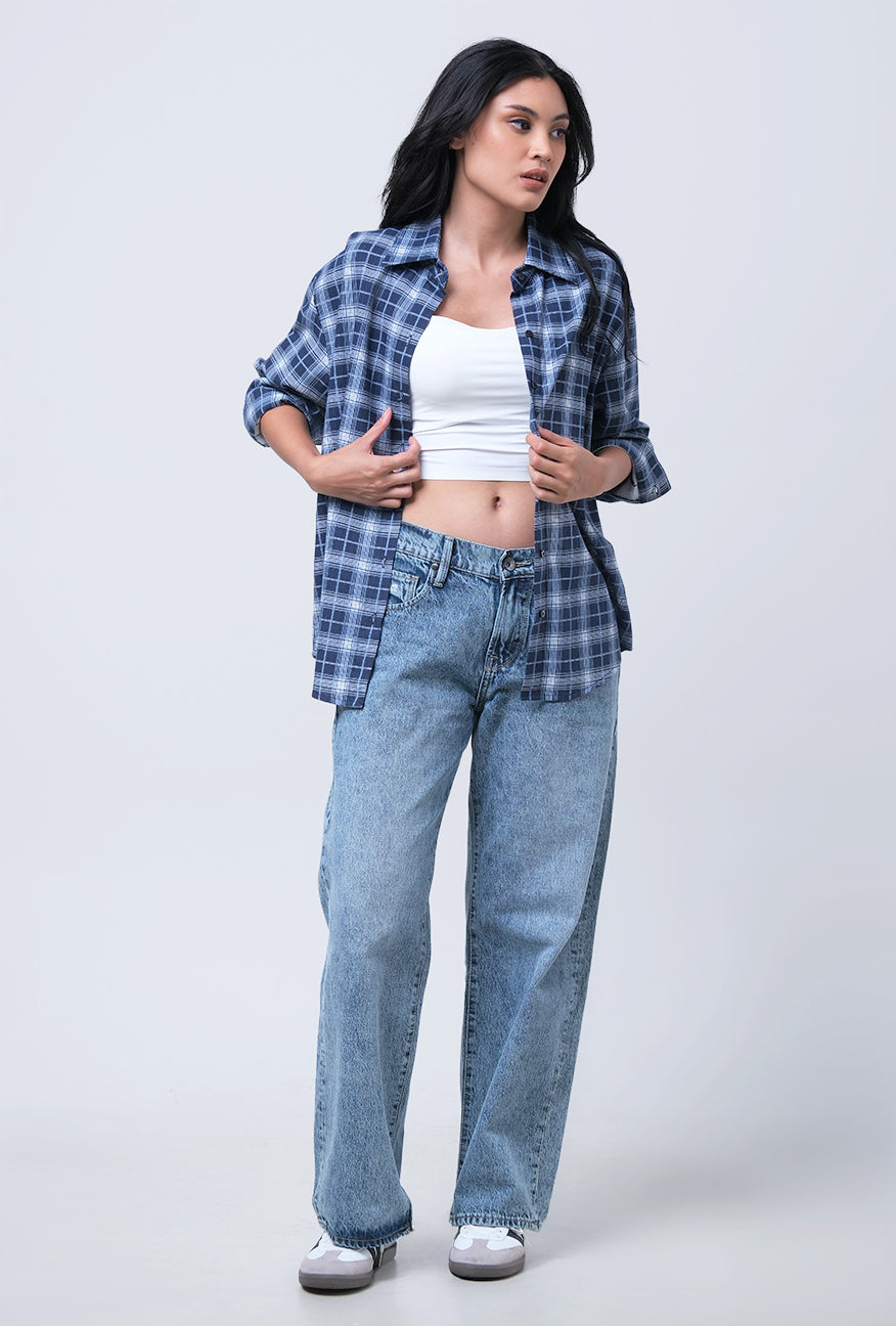 Kemeja Lengan Panjang Lycia Navy White