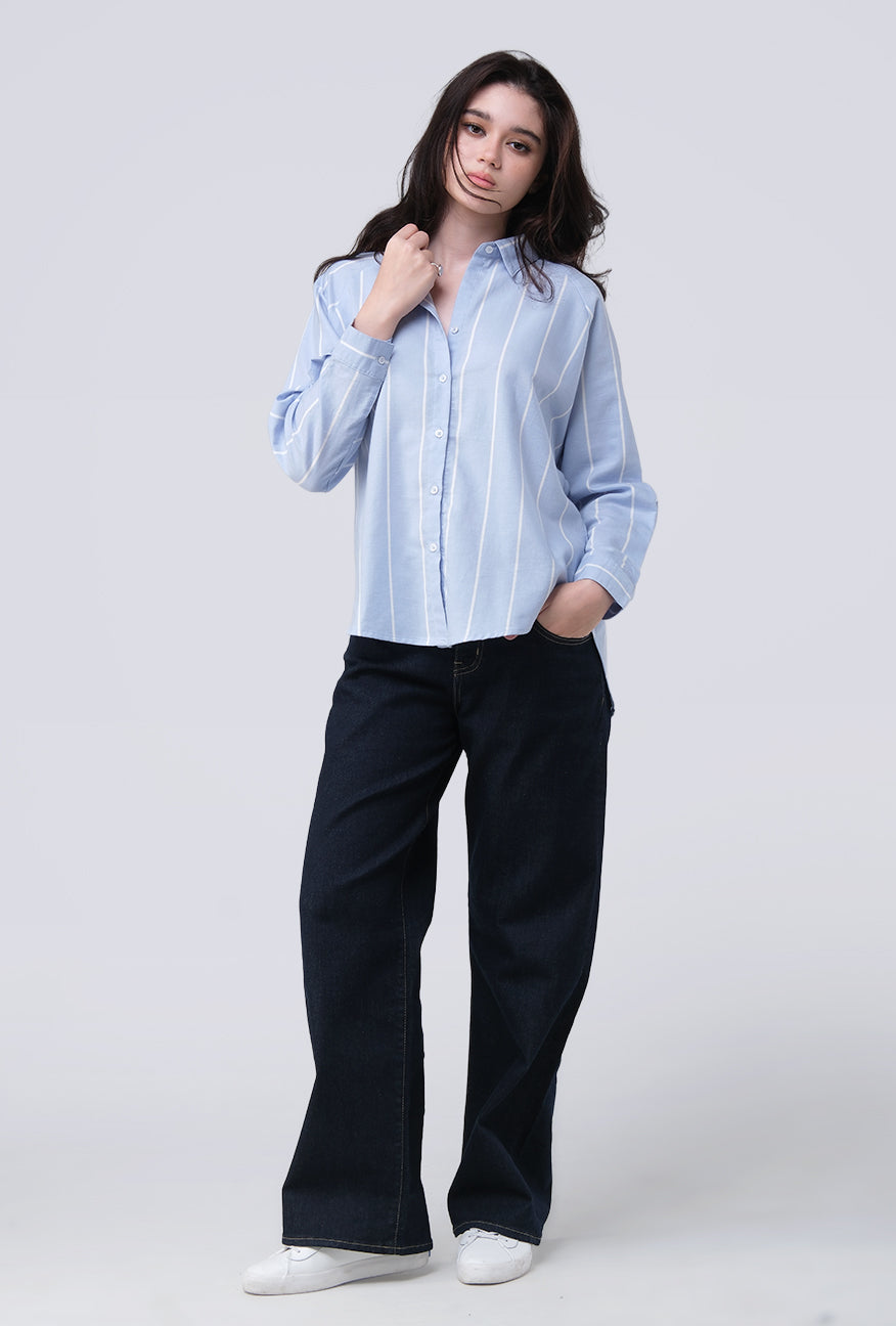 Kemeja Lengan Panjang Lycka Blue White