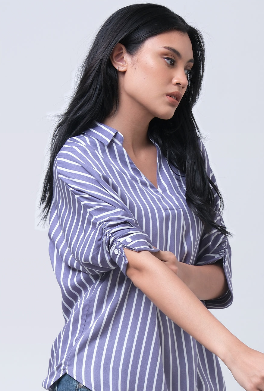 Kemeja Lengan Pendek Ellen Navy White