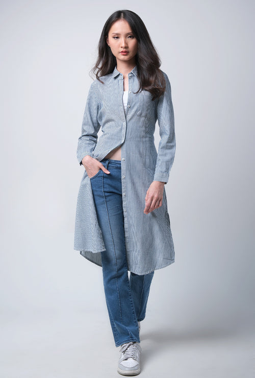 Dress Lengan Panjang Adley Blue White