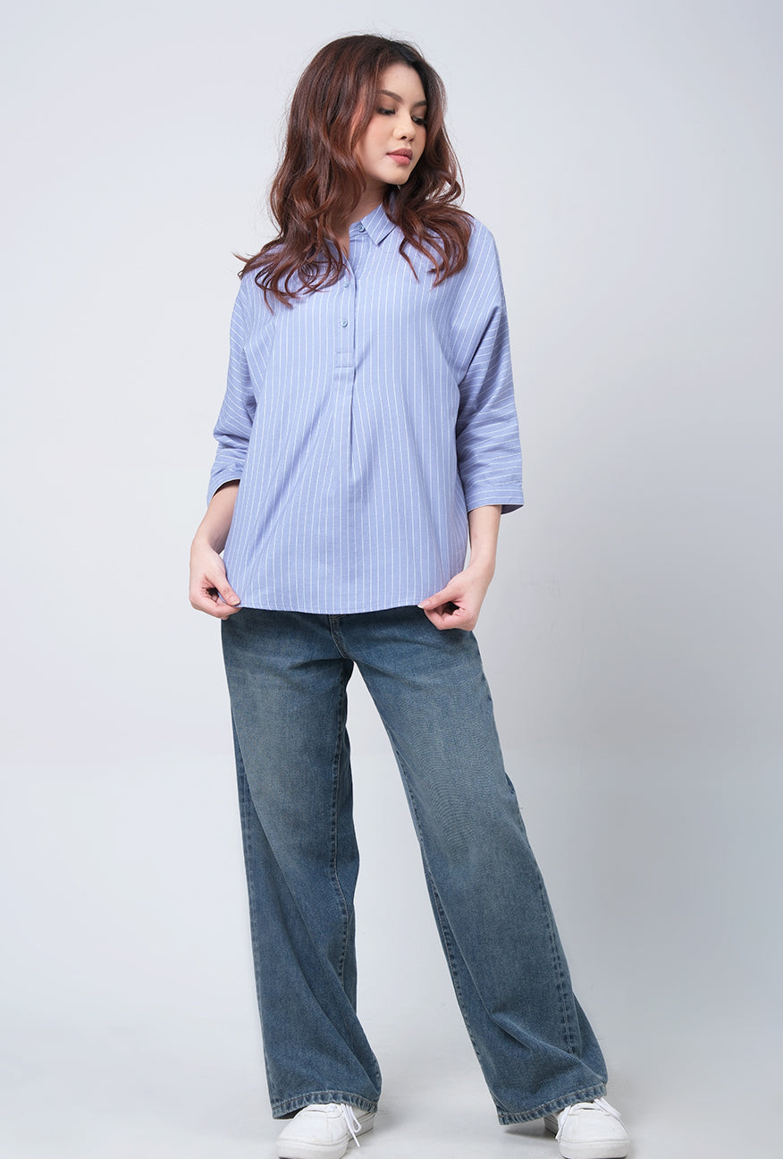 Kemeja Lengan Panjang Leota Blue White