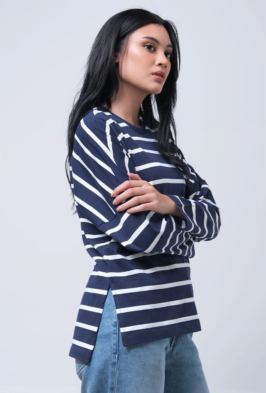 T-Shirt Lengan Panjang Chandie Navy white Stripe