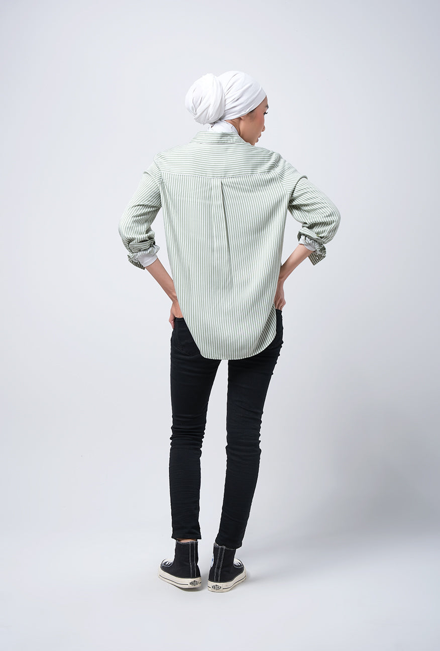 Kemeja Lengan Panjang Vivi White Green