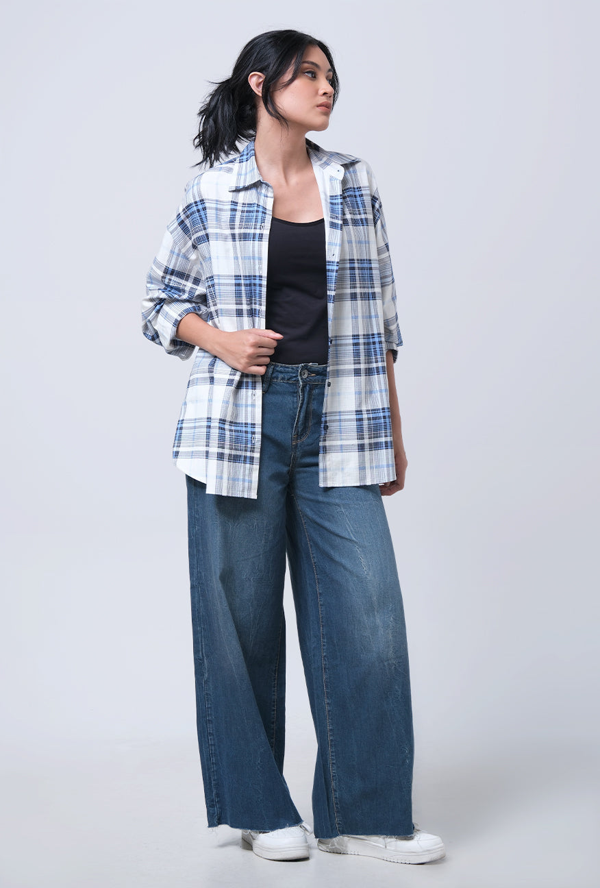 Kemeja Lengan Panjang Agnetha White Blue