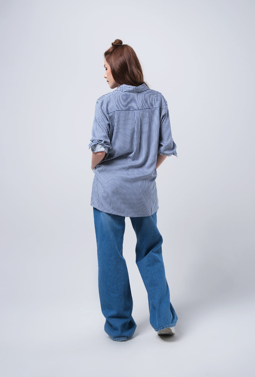 Kemeja Lengan Panjang Ziva Navy White