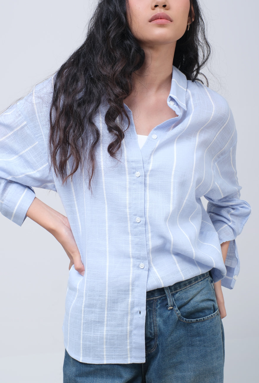 Kemeja Lengan Panjang Grace Blue White