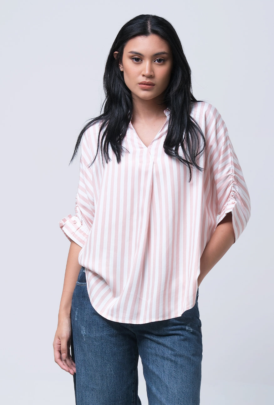 Kemeja Lengan Pendek Florentina Pink Offwhite