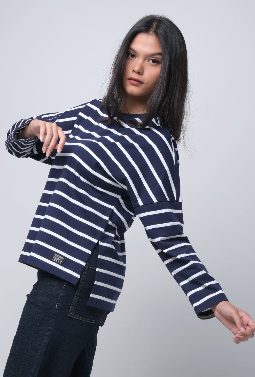 T-Shirt Lengan Panjang Chandie Navy white Stripe