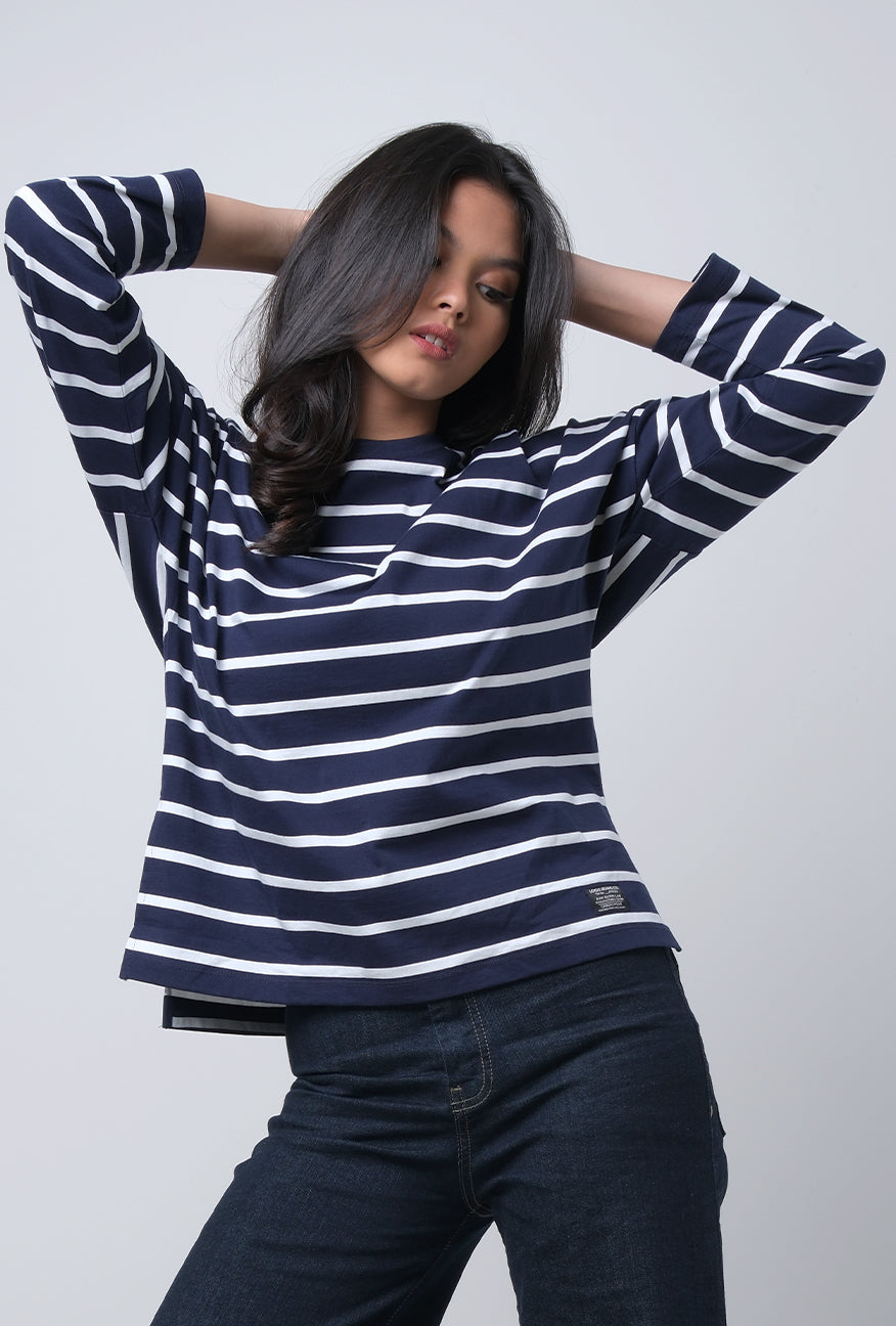 T-Shirt Lengan Panjang Chandie Navy white Stripe