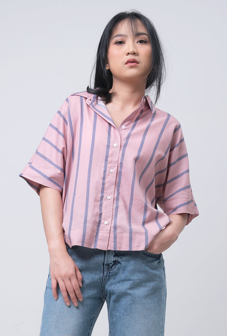 Kemeja Lengan Pendek Leia Pink Grey