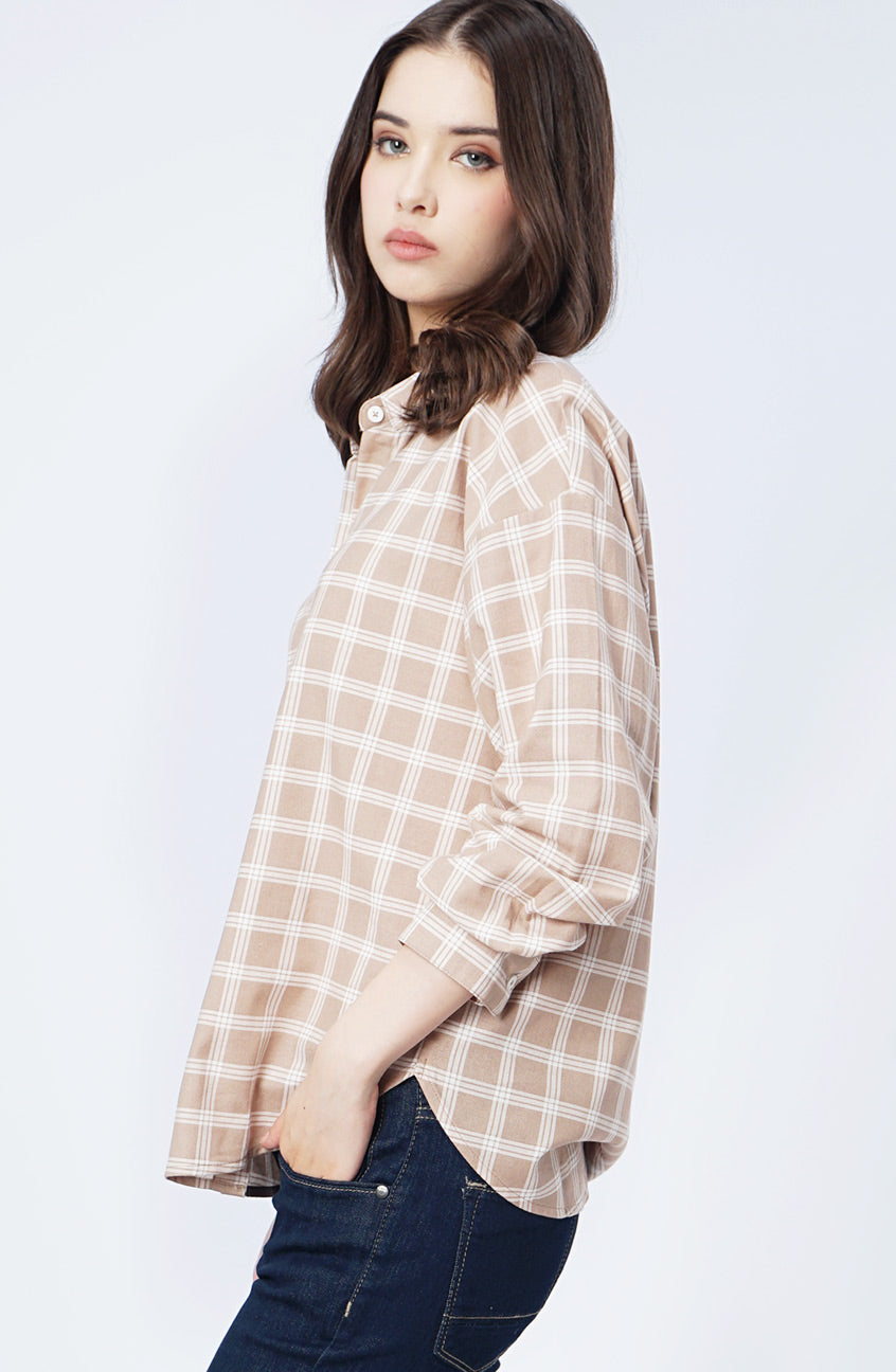 Kemeja Lengan Panjang Evie Khaki White