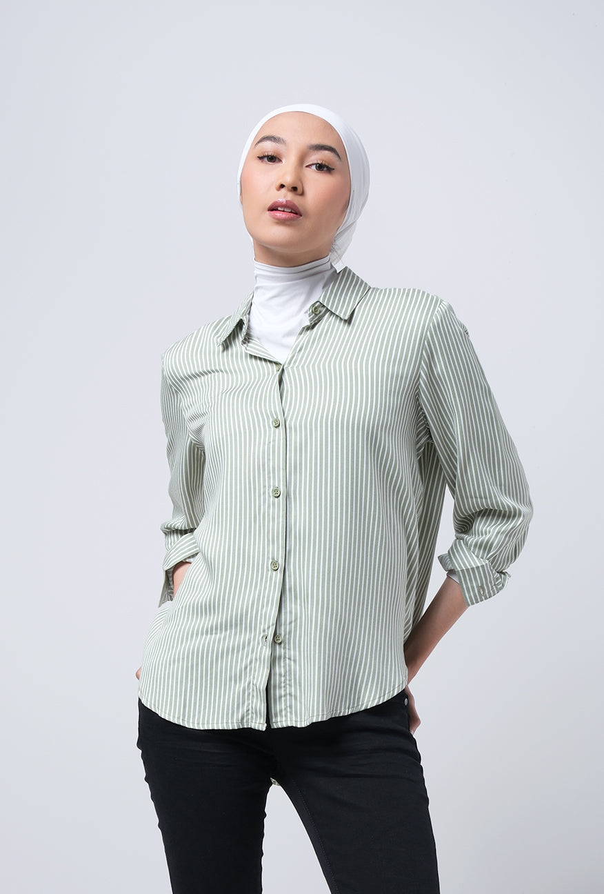 Kemeja Lengan Panjang Vivi White Green