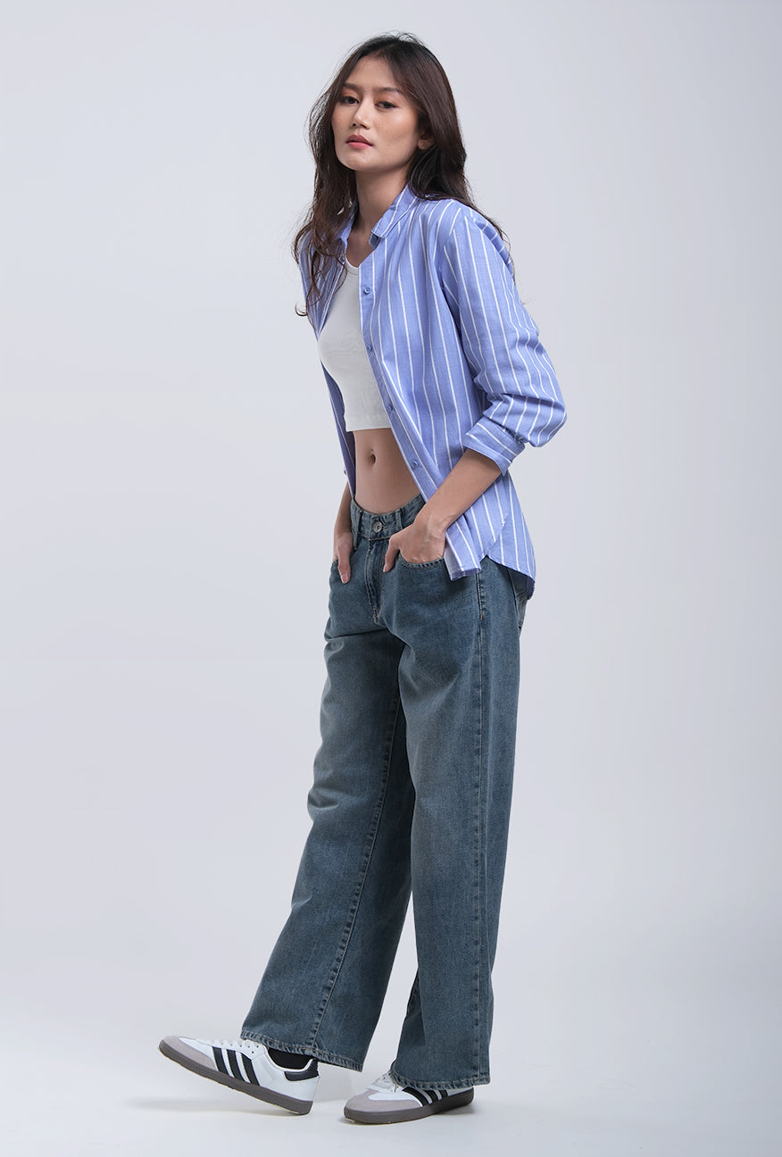 Kemeja Lengan Panjang Rhea Blue White