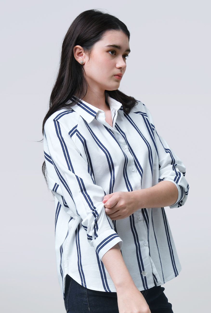 Kemeja Lengan Panjang Lacey White Navy