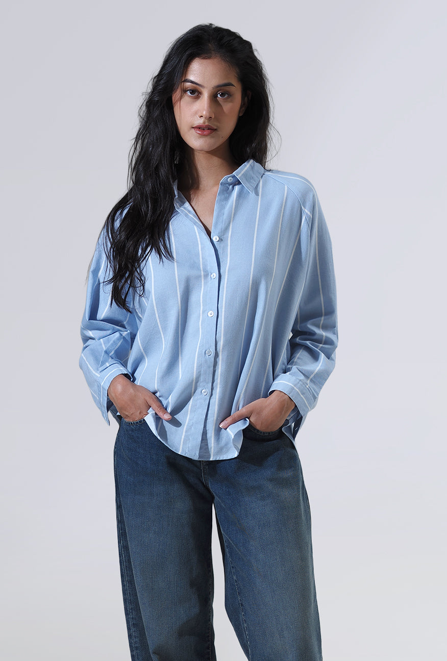 Kemeja Lengan Panjang Lycka Blue White