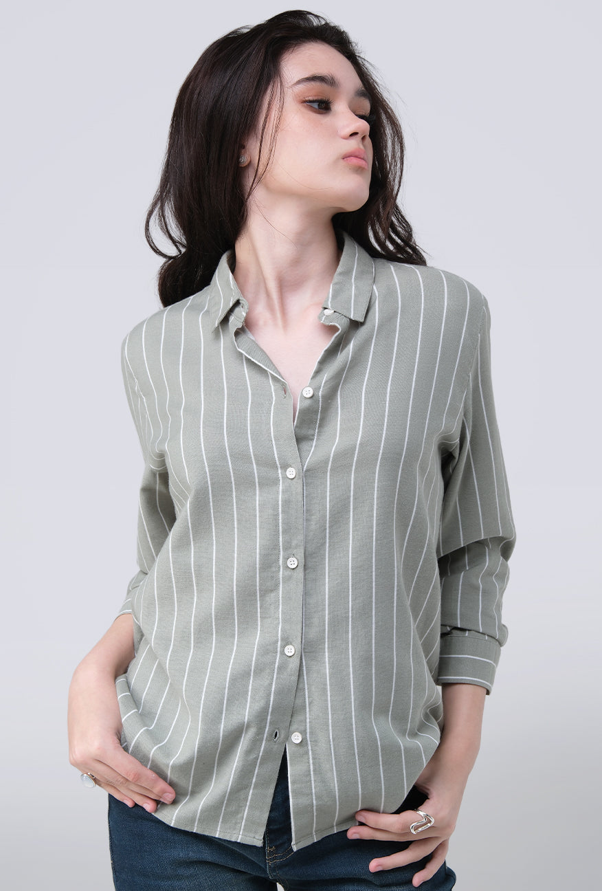 Kemeja Lengan Panjang Valja Green Offwhite