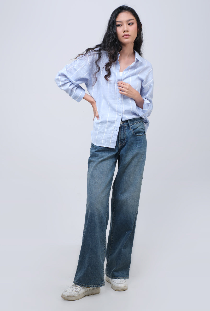 Kemeja Lengan Panjang Grace Blue White