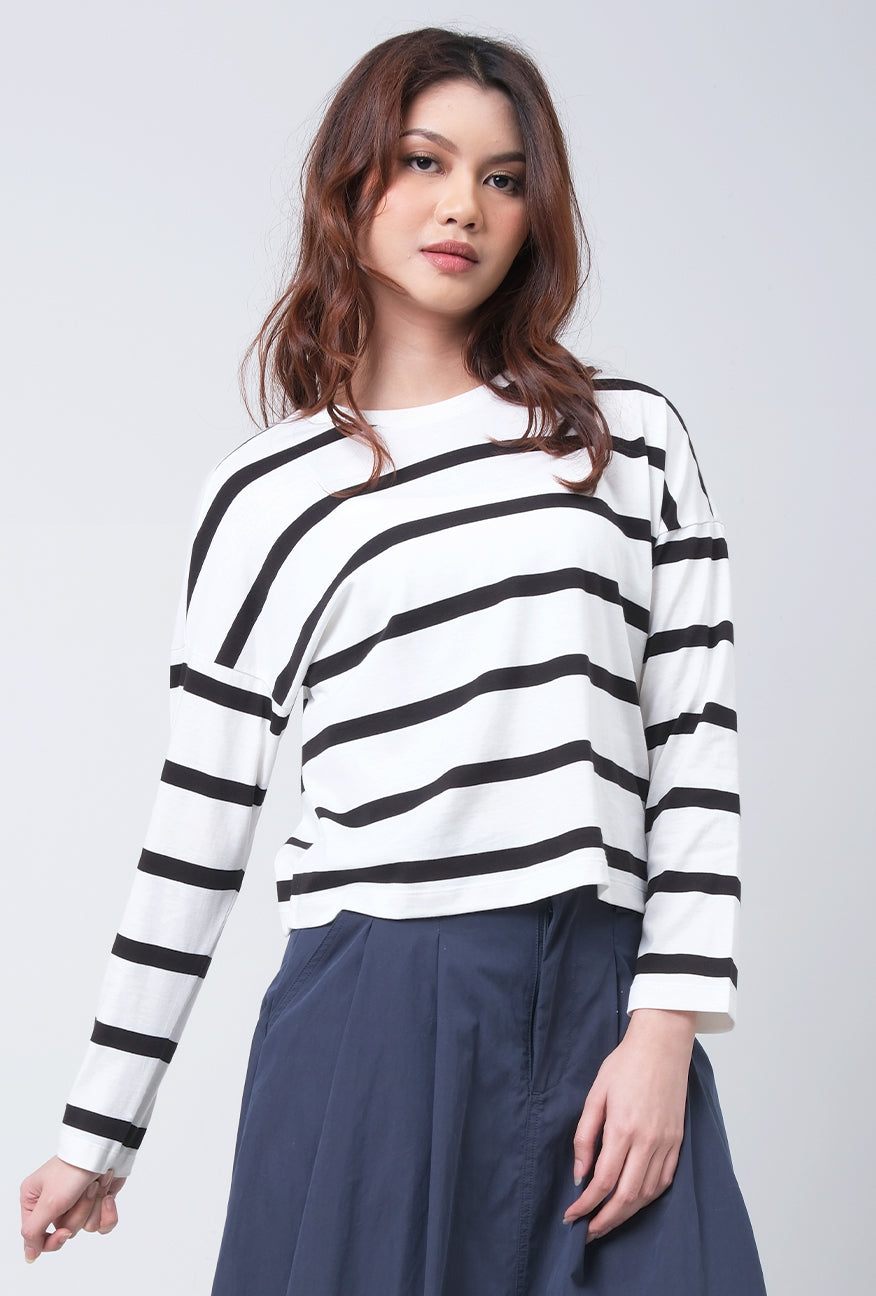 T-Shirt Lengan Panjang Fleur Offwhite Black Stripe