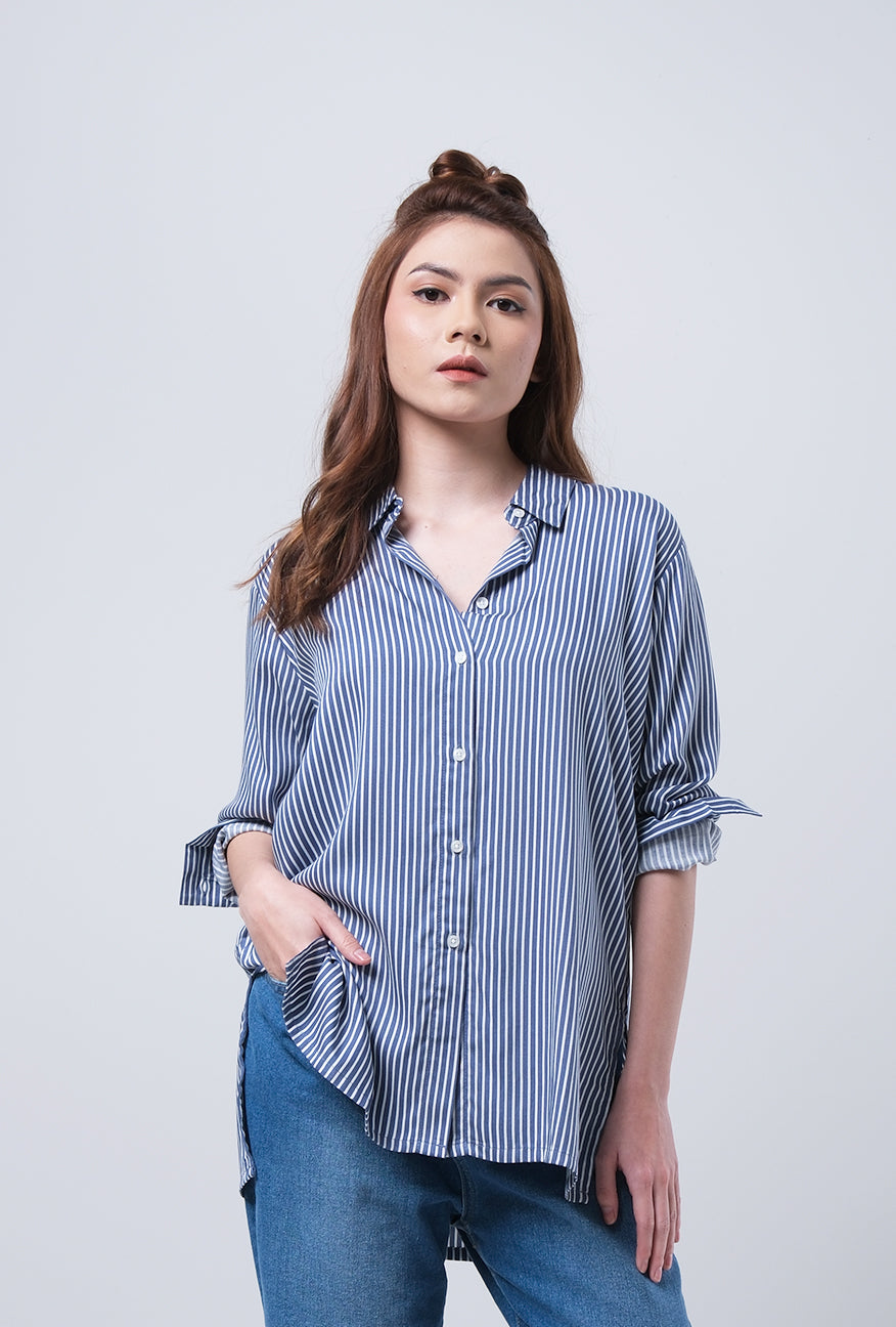 Kemeja Lengan Panjang Ziva Navy White