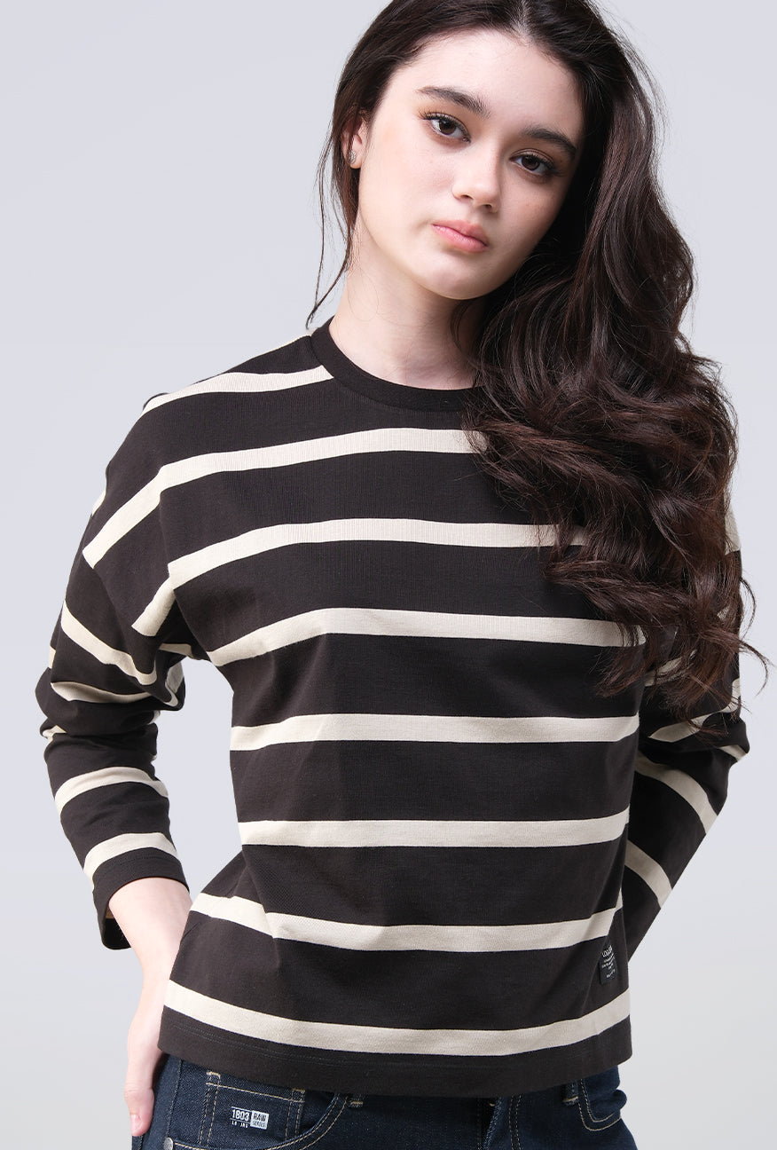 T-Shirt Lengan Panjang Zeva Black Beige Stripe