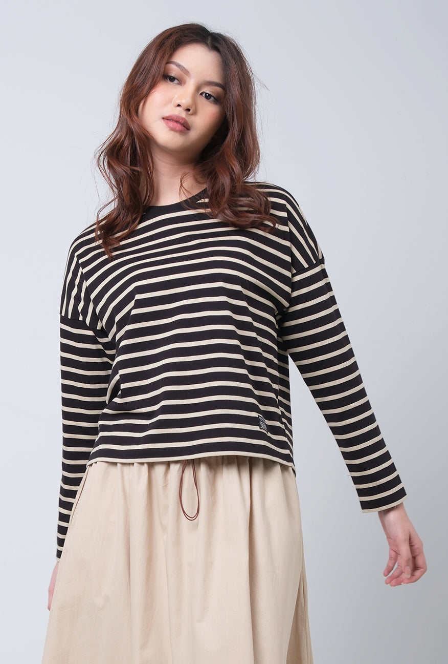 T-shirt Lengan Panjang Elsie Black Cream Stripe