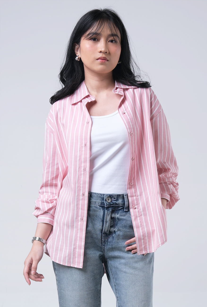 Kemeja Lengan Panjang Syalia Pink White