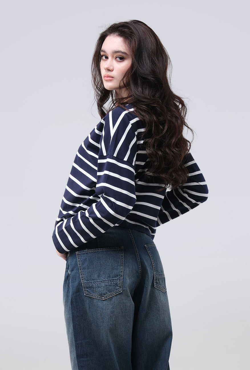 T-Shirt Lengan Panjang Grecila Navy White Stripe