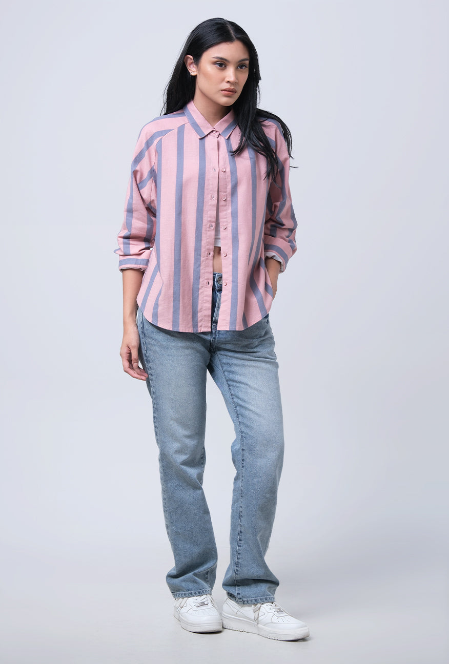 Kemeja Lengan Panjang Chiaran Pink Grey