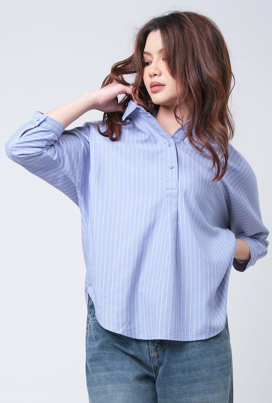 Kemeja Lengan Panjang Leota Blue White