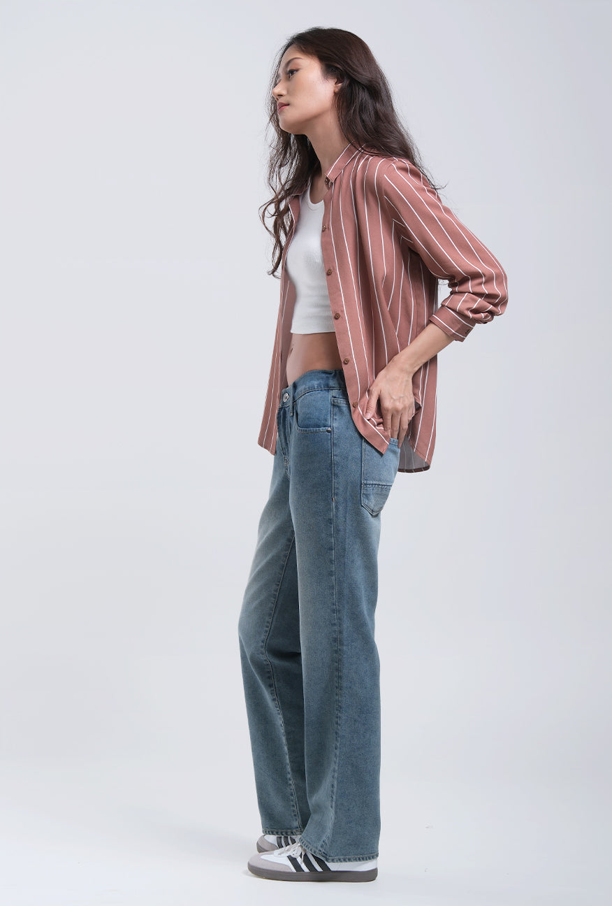 Kemeja Lengan Panjang Jayla Brown White