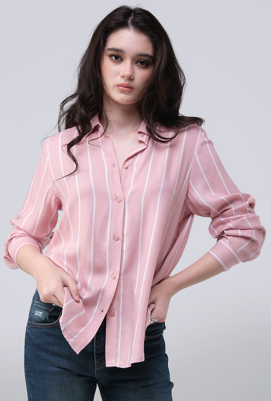 Kemeja Lengan Panjang Tracey Pink White