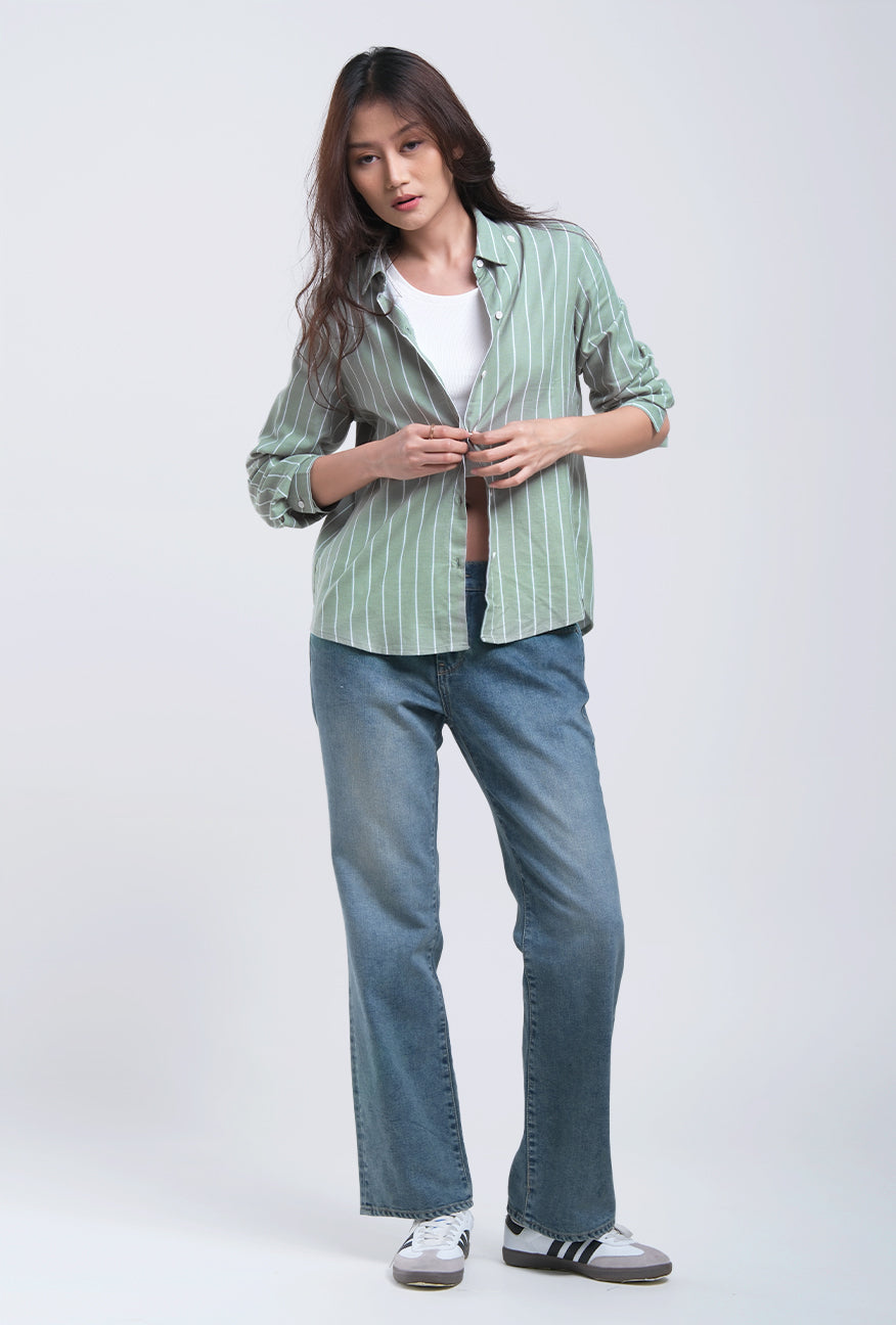 Kemeja Lengan Panjang Valja Green Offwhite